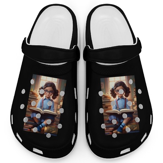 A sweet 5 year old girl wearing a light blue butto Clogs