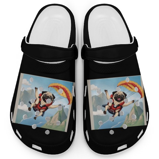 A pug skydiving Clogs