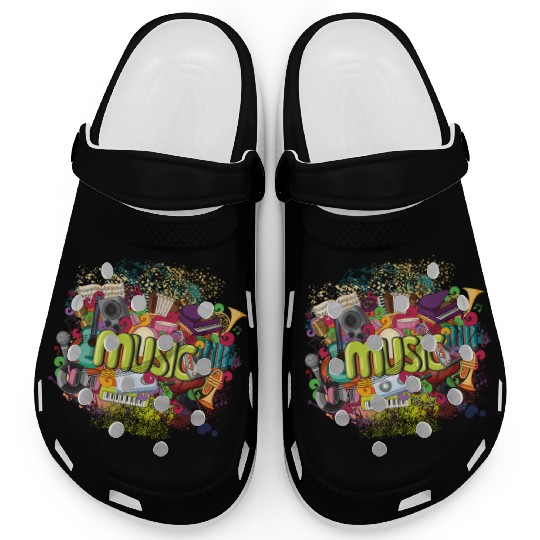 Music Theme Guitar Piano Song Drum Speaker Clogs
