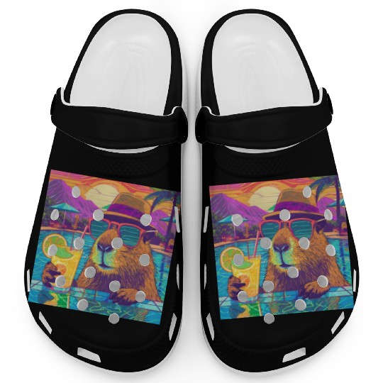 Capybara on vacation sipping on Lemonade Clogs