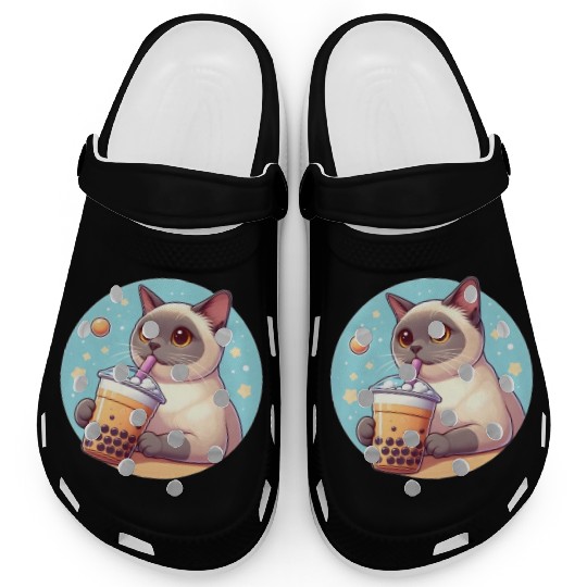 Siamese cat having bubble tea Clogs