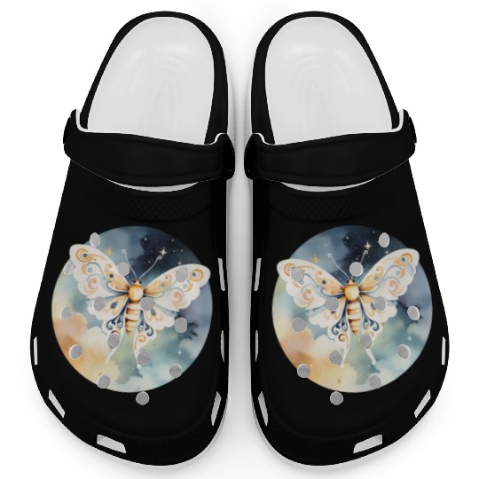 Dreamlike Flight: A Moth's Dance Among the Stars Clogs