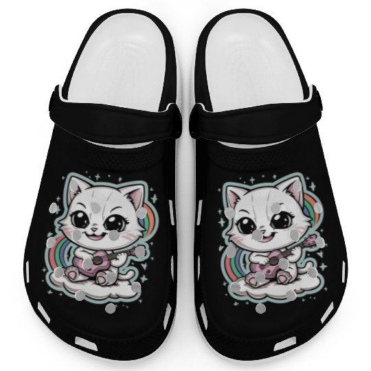Cute White Cat Playing Guitar on Cloud - Rainbows Clogs
