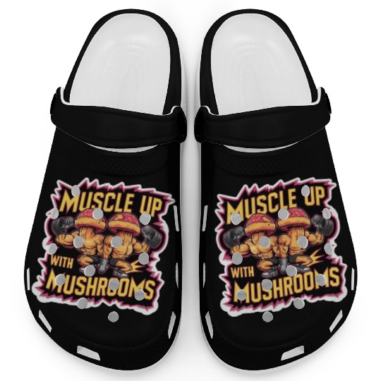 Muscle Up Mushroom Vintage Neon Line Comic Retro Clogs