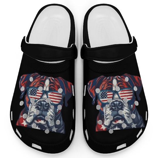Boxer dog. American memorial day Clogs