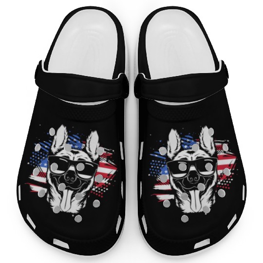 US Flag Belgian Malinois Wearing Sunglasses Clogs