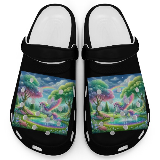 Enchanted Rainbow Unicorn Over Sparkling Pond Clogs