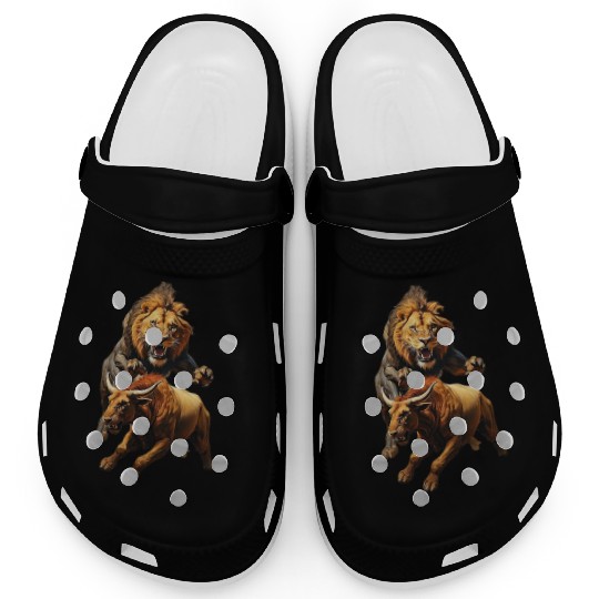 painting of a lion chasing a bull Clogs