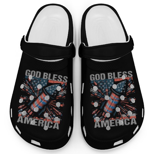 God Bless America Retro US Flag Funny Fireworks Clogs