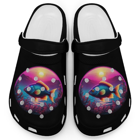 Synthwave Fish and Coral and a Sunset and Ocean Clogs