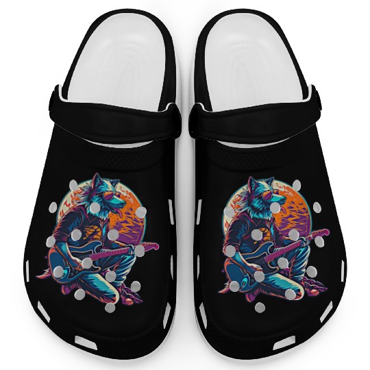 Blue Wolf Moon Guitar Player Retro Sunglasses Clogs