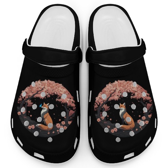 Cherry Blossom Fox Mythical Kitsune with Butterfly Clogs