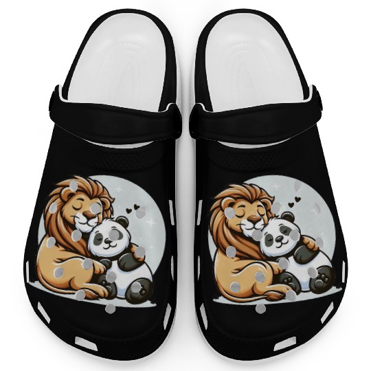 Cuddling Lion And Panda In Love Clogs