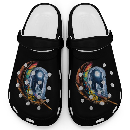 Glowing feather with wolf howling at the moon Clogs