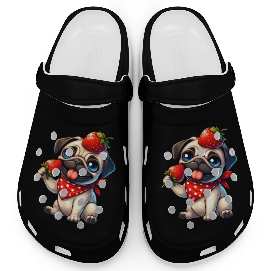 Quirky Dog Pug with Strawberry on Head Fruity Clogs