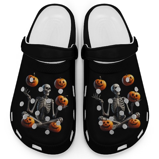 Funny Halloween Pumpkin Juggling Skeleton Clogs