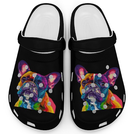 Colorful French Bulldog Portrait in Rainbow Hues Clogs
