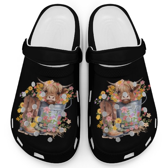 Highland Cow flowers Christmas Clogs