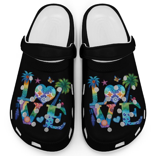 Colorful watercolor depicting the word 'LOVE'. Clogs