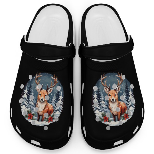 Christmas Deer with Poinsettia and Snow Clogs