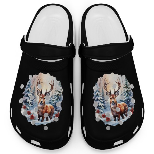 Christmas Deer with Poinsettia and Snow Clogs