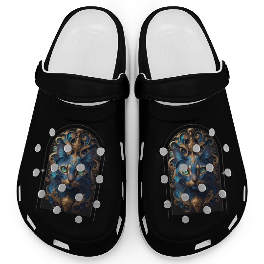 Elegant stylish blue and gold cat face Clogs