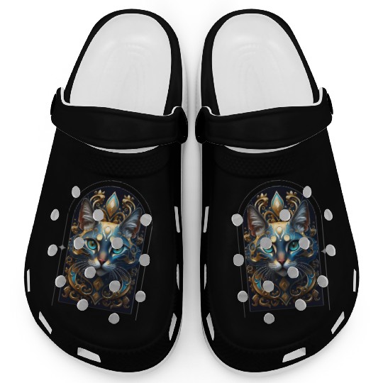 Elegant stylish blue and gold cat face Clogs