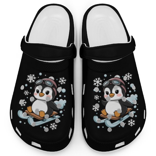 Cute Penguin Sledding with Snowflakes Clogs
