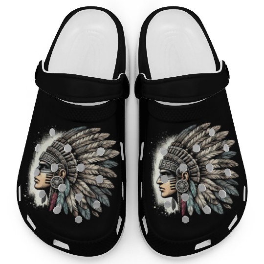 Aztec Warrior Mask with Tribal Art and Ancient Clogs