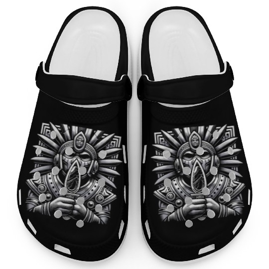 Aztec Warrior Mask with Tribal Art and Ancient Clogs