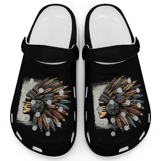 Aztec Warrior Mask with Tribal Art and Ancient Clogs