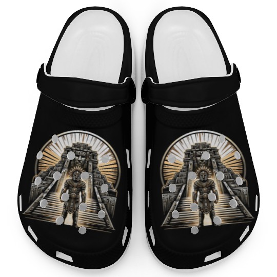 Aztec Warrior Mask with Tribal Art and Ancient Clogs