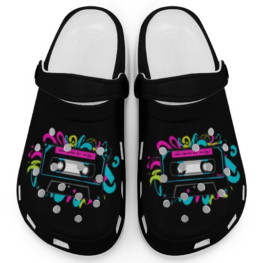 Retro Neon Cassette Tape with Vibrant Splash Clogs