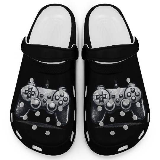 Gamer Controller Cartoon Charcoal Gaming Art Clogs