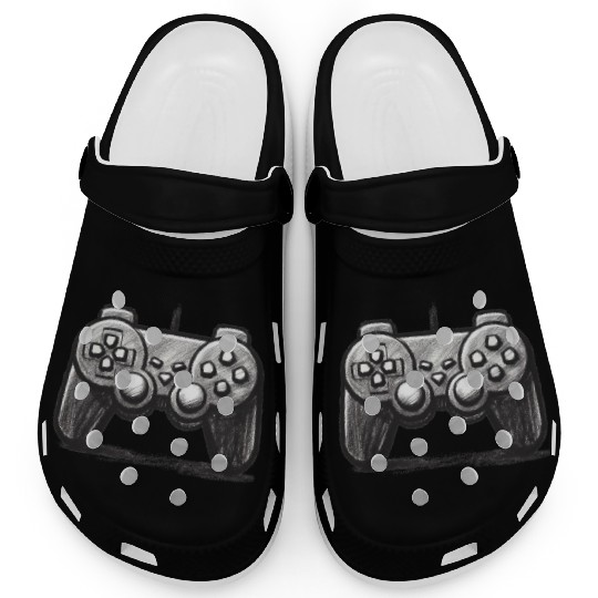 Gamer Controller Cartoon Charcoal Gaming Art 3 Clogs