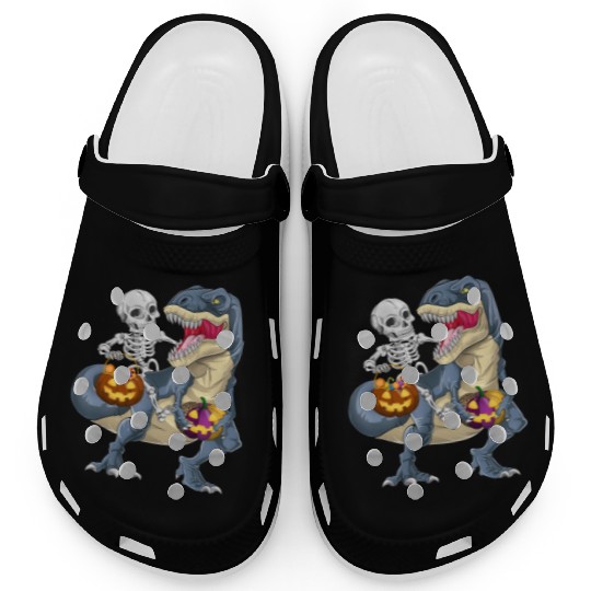 Skeleton Riding Dinosaur T rex Halloween Pumpkin Clogs
