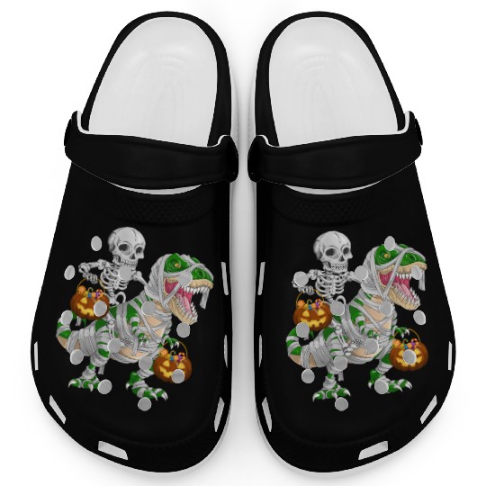 Skeleton Riding Mummy Dinosaur T rex Halloween Clogs
