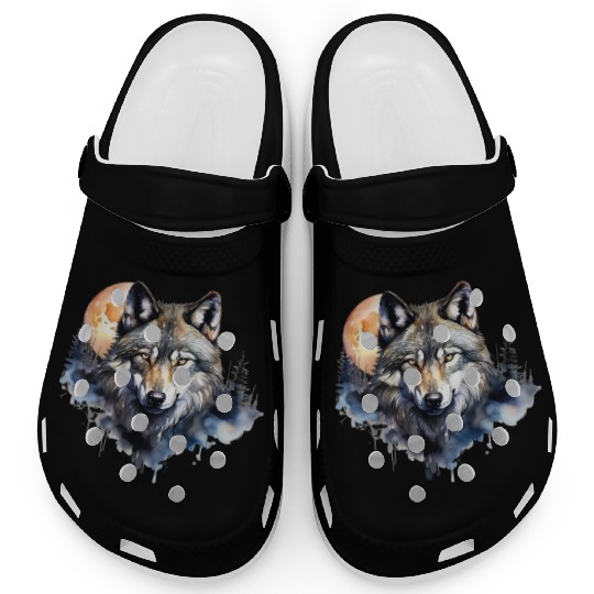 Wolf Portrait Under Full Moon Design Clogs