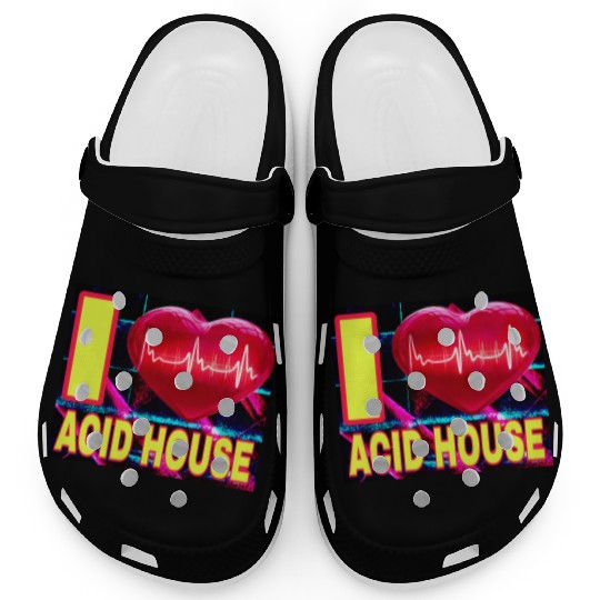 I LOVE ACID HOUSE YELLOW FONTS Clogs
