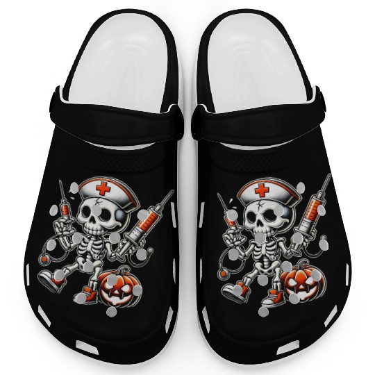Skeleton Nurse with Medical Syringes Halloween Clogs