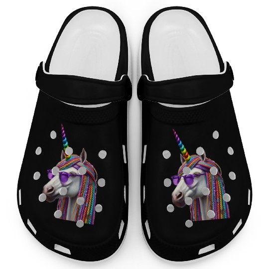 Rainbow Unicorn with Braids and Sunglasses Swag Clogs