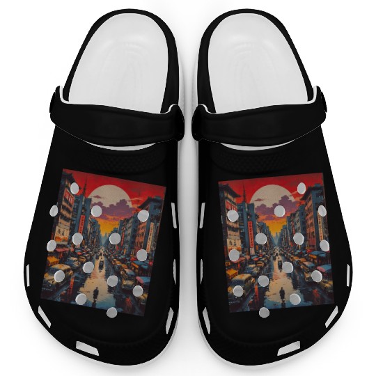 Twilight Reflections in Neon City Clogs