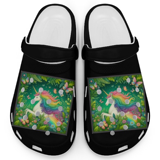 Unicorn, Unicorn butterfly in flower garden design Clogs