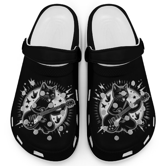Rock Star Rock and Roll Cat Playing Guitar Clogs