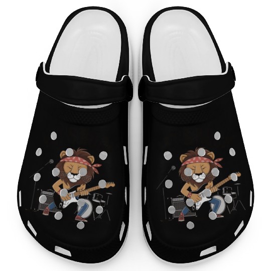 Lion playing guitar with drums and mike Clogs