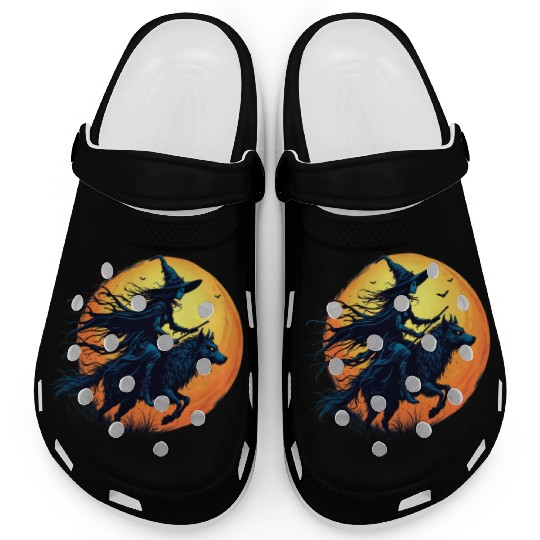 Halloween Witch Riding a Wolf Under Full Moon Clogs