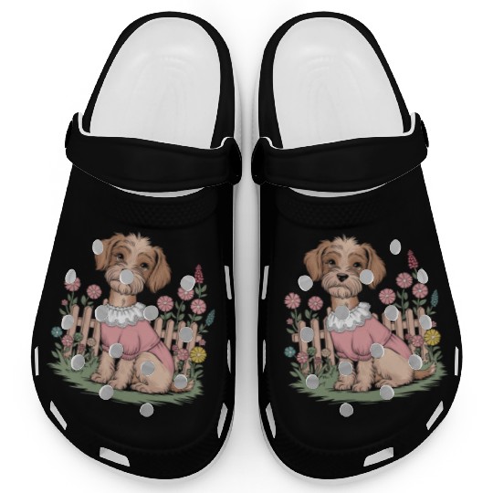 Cottagecore Cozy Dog in Floral Garden Clogs