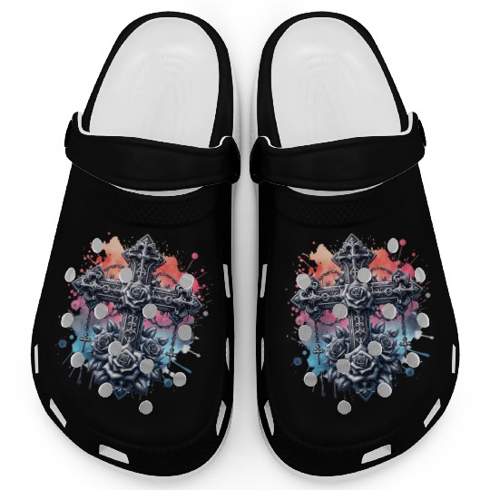 Gothic Collection - Crosses Roses Pastel B/ground Clogs