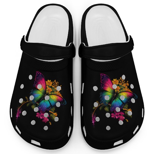 rainbow butterfly on flower Clogs