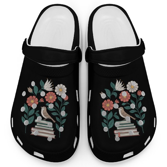Cottagecore Bird on Books with Flowers Delight Clogs